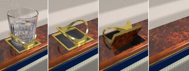 Hidden artistic style cupholder rotates 180 degrees to open position